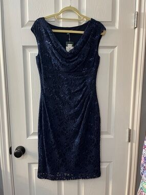 Ralph Lauren Navy Lace Cowl-Neck Midi Dress